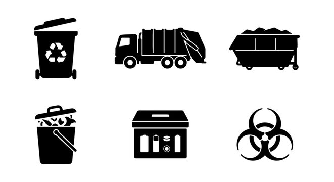 Waste Management Icons: Garbage Truck, Bins, Skip, Recycling, Biohazard Symbol