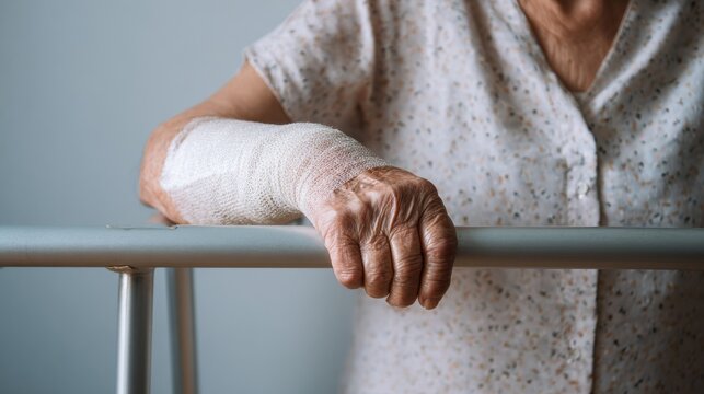 Elderly person with fractured arm in white plaster cast using metallic walker for support, showing injury recovery, healthcare assistance, rehabilitation and mobility care concept in studio setting.