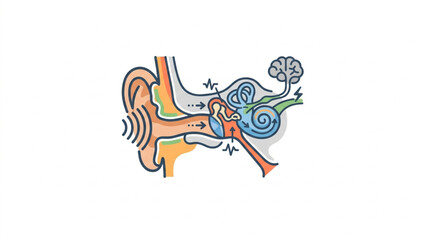 Diagram of the human ear anatomy and sound waves entering. © delon