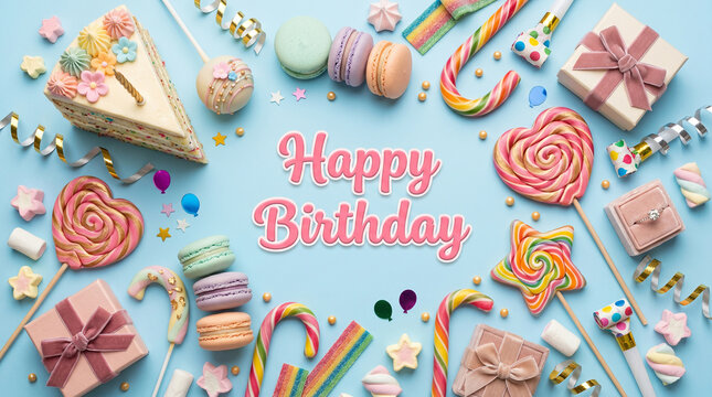 Happy Birthday greeting card with colorful sweets, lollipops, macarons, cake, and gift boxes arranged as a flatlay border on a light blue background
