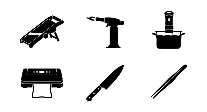 Culinary Kitchen Gadgets Vector Icons: Mandoline, Torch, Sous Vide, Sealer, Knife, Tongs