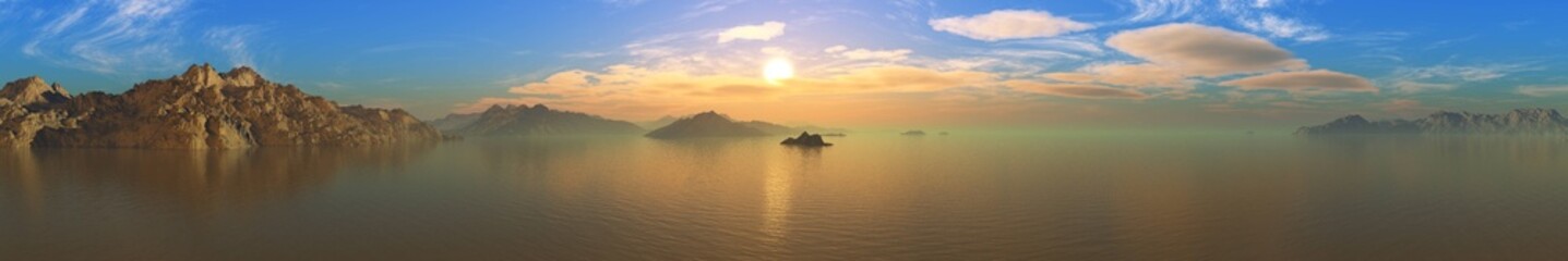 Fototapeta premium Panorama of sea sunset, ocean sunrise, seascape, 3d rendering 