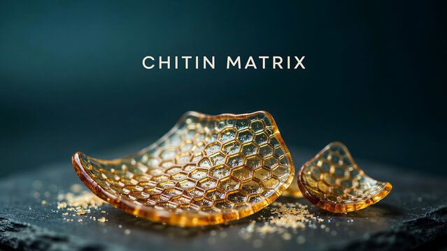 Chitin matrix honeycomb structure broken pieces on dark surface with scattered powder  natural biopolymer material