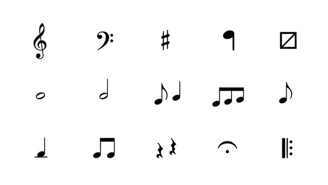 Musical Symbols and Notes Arranged in an Organized Grid Pattern, Showcasing Various Black Musical Notation Elements.