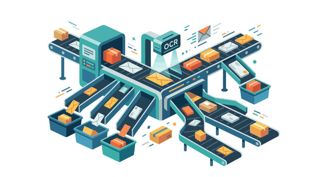 Automated sorting machine processing parcels and mail with OCR scanning technology flat design vector illustration.