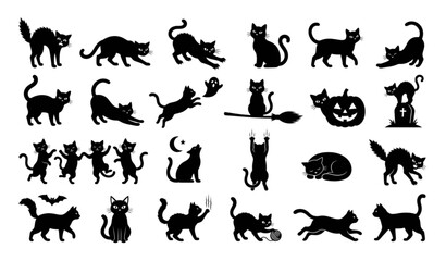 Fototapeta premium Create a premium vector collection of 24 black cat silhouettes isolated on a solid white background. Each cat has a completely unique pose including sitting, walking, stretching, arching its back, jum
