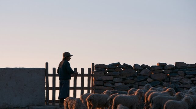 Shepherd with sheep near stone fence