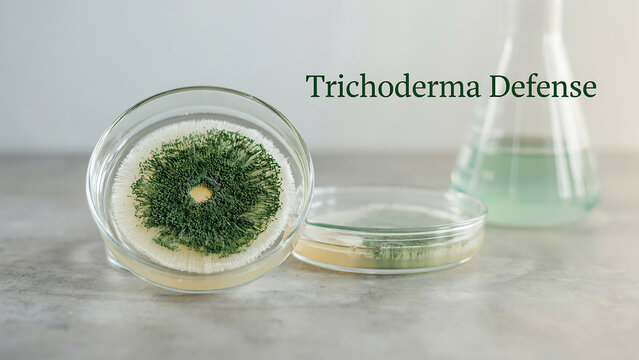 Trichoderma fungus growth in petri dish with green mold and transparent laboratory equipment on gray marble surface  science research and biological experiments with microorganisms and lab glassware