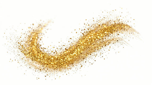 Swirling wave of glowing magical gold dust particles and luminous bokeh isolated on transparent background