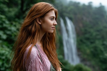 Obraz premium Side profile young woman standing near a waterfall in a green forest for nature wallpaper and travel banner design
