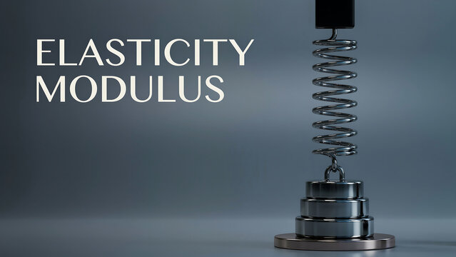 Elasticity modulus concept with metal spring and weights  scientific equipment for measuring elasticity  physics and engineering educational tool  laboratory setting with gray background