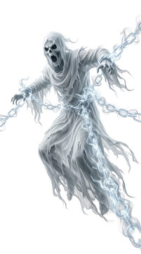 Aggressive demonic wraith pulling against glowing ethereal spectral chains isolated on transparent background