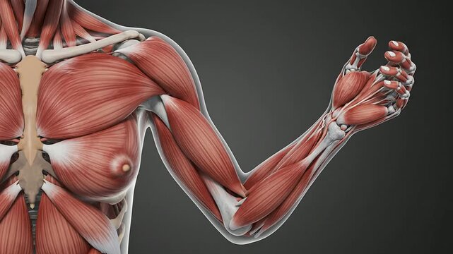 Detailed 3D Anatomical Muscle Model of the Shoulder and Arm Featuring Deltoid, Bicep, and Tricep Against Dark Background