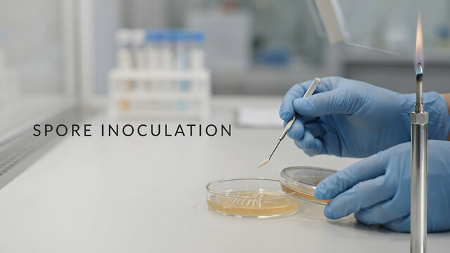 Microbiologist performing spore inoculation in laboratory setting with gloved hands and petri dishes  science research experiment