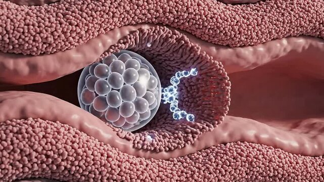 Detailed 4K View Of Blastocyst Making Initial Contact With Soft, Velvety Tissue Illustrating Early Embryonic Development