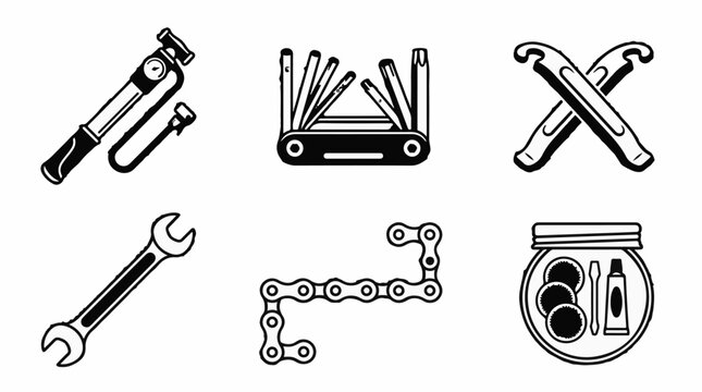 Bicycle repair tools set including pump multi-tool tire levers wrench chain and patch kit in black and white vector illustration style