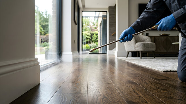 Pest control technician applying chemical treatment near living room wall baseboards for home protection with exterminator treatment baseboard interior protection spraying