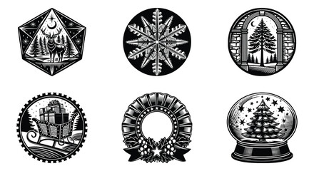 Fototapeta premium Linocut Christmas day vector design bundle featuring rustic winter holiday silhouettes of deer, snowflake, pine tree, santa sleigh, xmas wreath, and snow globe icons.