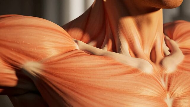 Detailed CGI Muscle Study of Human Shoulder and Neck Emphasizing Trapezius Under Warm Golden Hour Lighting for Anatomy and Fitness Visualization