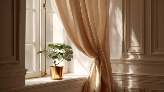 Sunlight streams through window illuminating potted plant and elegant interior details. Golden hour light casts dramatic shadows across ornate wall paneling and lush green monstera plant on windowsill