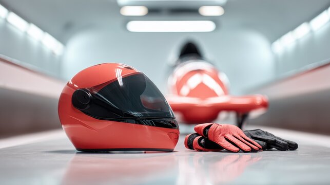 Race preparation gear featuring red helmet and gloves in sports setting. Image showcases essential race preparation equipment, including red helmet sleek gloves, setting stage for competitive racing