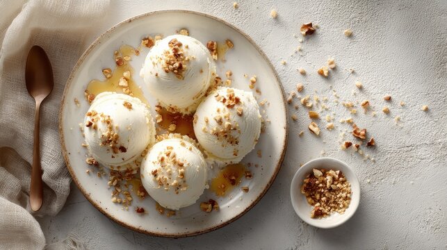 Delicious vanilla ice cream scoops topped with chopped nuts and drizzled with honey. Delightful serving of creamy vanilla ice cream adorned with crunchy nuts sweet honey, perfect for refreshing treat