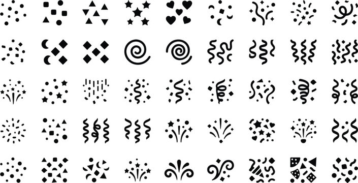 Party confetti and festive fireworks black icon set