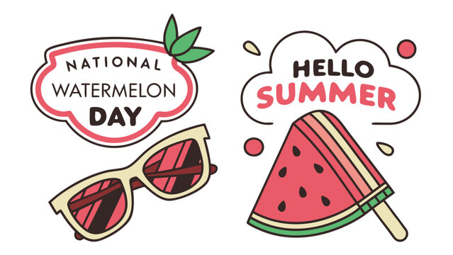 Watermelon themed summer sticker set with national watermelon day badge, sunglasses, slice and popsicle isolated on white background
