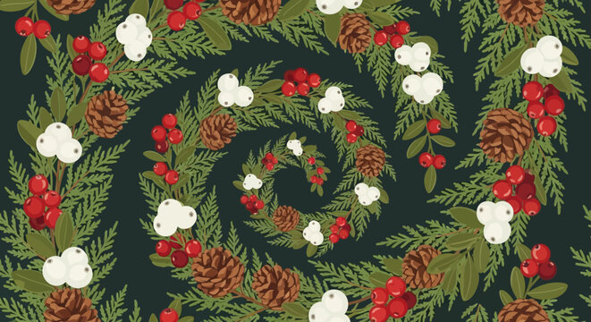 Festive Christmas Swirl Garland with Pine Cones, Holly Berries and Snowberries