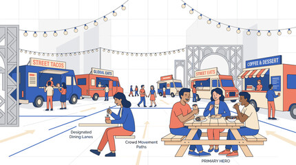 Obraz premium Outdoor Food Truck Festival Scene with Diverse People Dining
