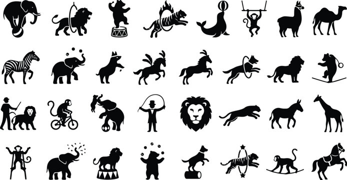 Circus animal show silhouettes with trained wildlife and performers