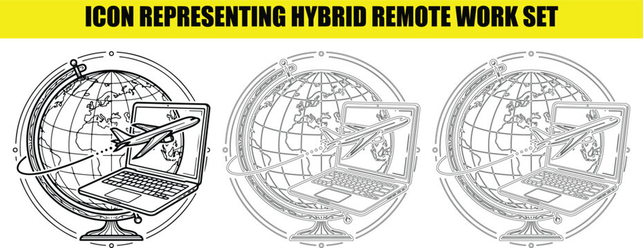 Global hybrid workspace icon set with laptop computer and airplane flying around globe.