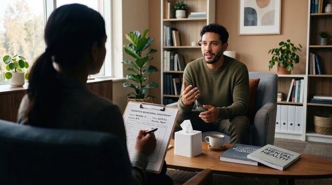 Young man discussing anxiety symptoms with therapist during mental health session. Concept of men mental health, therapy, emotional support and psychological wellness.