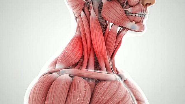 Detailed Side Profile View of Human Neck and Trapezius Muscles Against Clean White Background for Educational Visualization