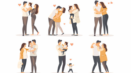Obraz premium Couple In Casual Outfits Embrace Affectionately Set Against Simple White Background With Hearts