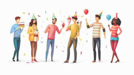 Fototapeta premium Diverse Group Celebrates Birthday With Cake And Balloons Colorful Confetti Falling