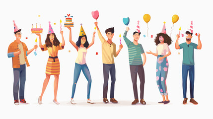 Obraz premium Diverse Group Celebrating Birthday Party With Confetti And Balloons Having Fun Together