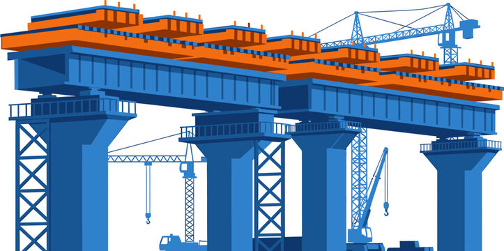 Modern Infrastructure Development Featuring Industrial Bridge Construction Site with Heavy Machinery and Steel Girder Frameworks