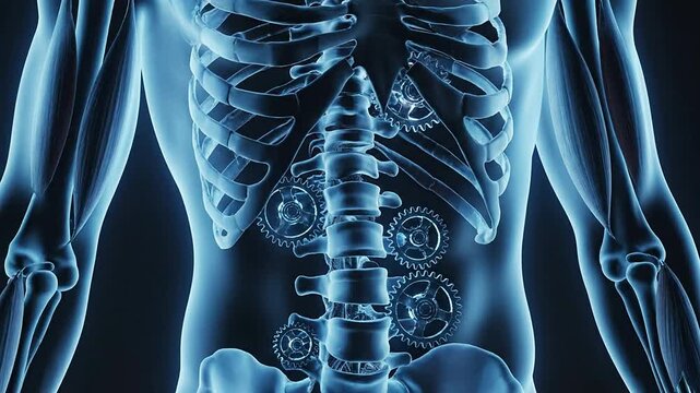 Detailed Visualization of a Human Spine Surrounded by Muscles in a 4K Static Shot for Medical and Educational Use