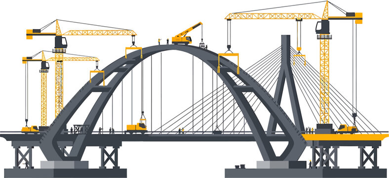 Construction of a modern arch bridge with cranes and workers, illustrating engineering and infrastructure development