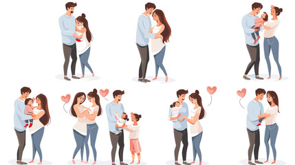 Obraz premium Happy Family Couples Hugging Young Children with Pink Hearts on White Background Vector