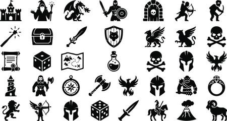 Medieval fantasy icon set with dragon wizard warrior and magic items © Monochrome studio