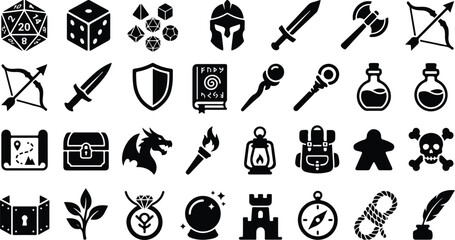 Tabletop rpg game and fantasy quest adventure flat icons © Monochrome studio