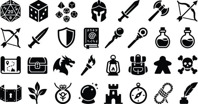 Tabletop rpg game and fantasy quest adventure flat icons