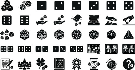 Tabletop gaming icons featuring polyhedral dice and board game gear © Monochrome studio