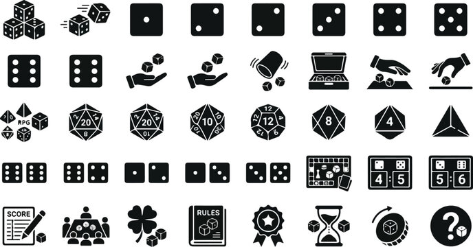 Tabletop gaming icons featuring polyhedral dice and board game gear