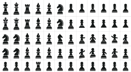 Chess piece icons set in black minimalist silhouette style © Monochrome studio