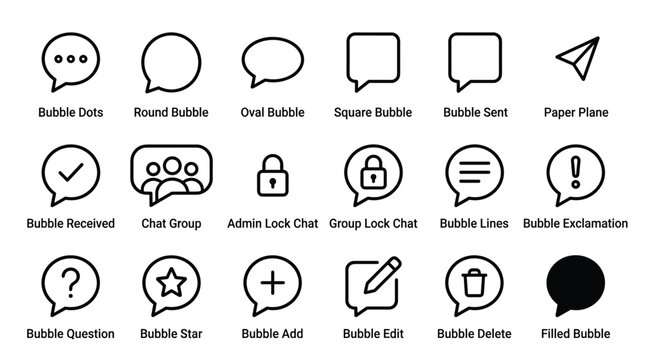 Set of speech bubble and chat message line icons including bubble dots round oval square sent paper plane received group admin lock group lock chat lines.