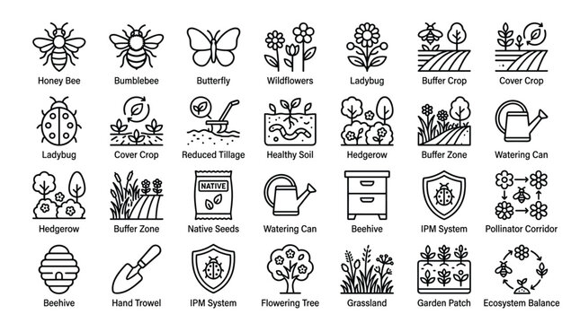 Sustainable agriculture and ecological farming icons set featuring pollinators healthy soil buffer zones and native seeds for nature friendly gardening practices.