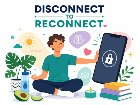 Vector illustration of a man meditating in lotus position, pushing away a locked smartphone for digital detox to disconnect and reconnect with himself in a peaceful indoor environment, front view.